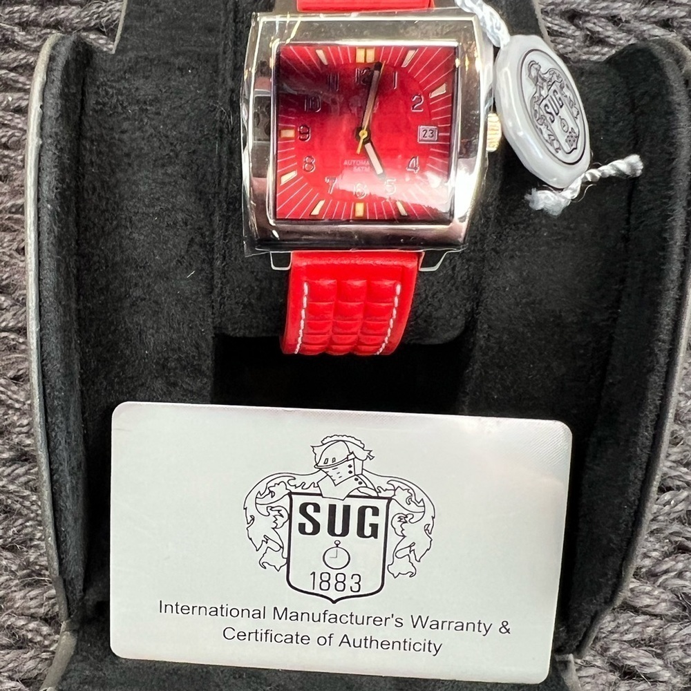 T006. SUG Red Automatic Mens Watch, Leather Strap. Pristine Condition - Picture 5 of 8
